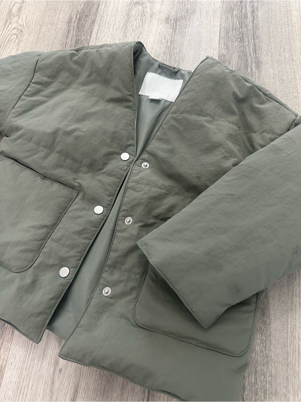 Zara Olive Green Quilted Snap-Front Jacket